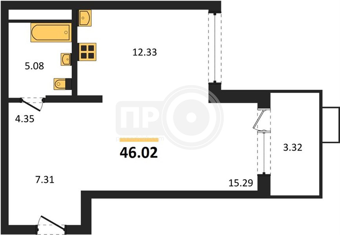 1-комнатная квартира, 46.02кв.м