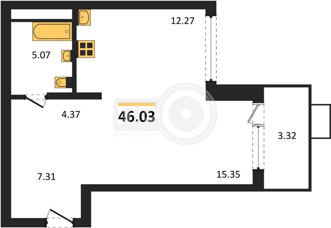1-комнатная квартира, 46.03кв.м