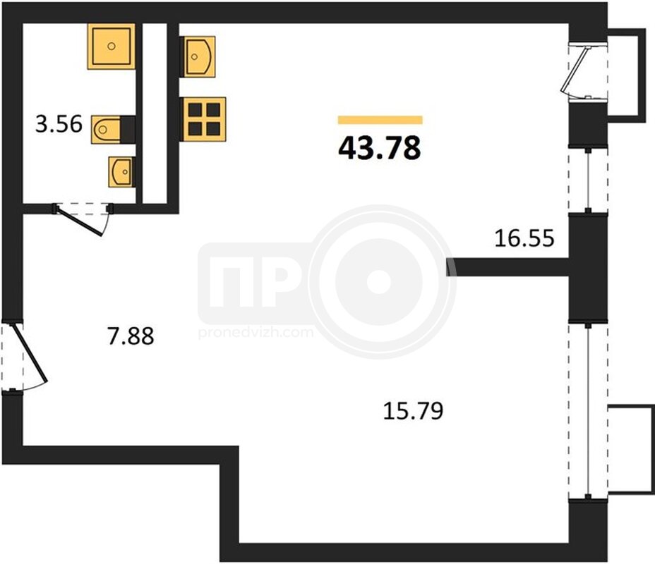 2-комнатная квартира, 43.78кв.м