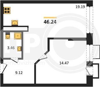 Миниатюра 1-комнатная квартира, 46.24кв.м