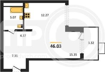 Миниатюра 1-комнатная квартира, 46.03кв.м