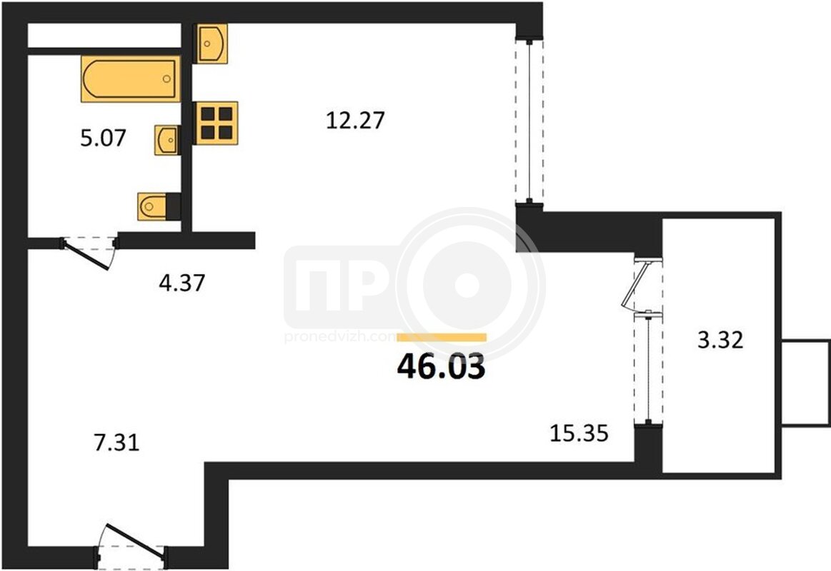 1-комнатная квартира, 46.03кв.м