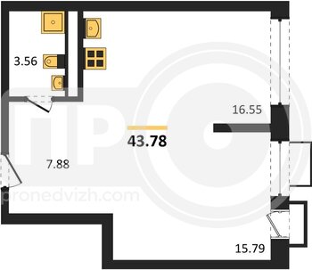 Миниатюра 2-комнатная квартира, 43.78кв.м