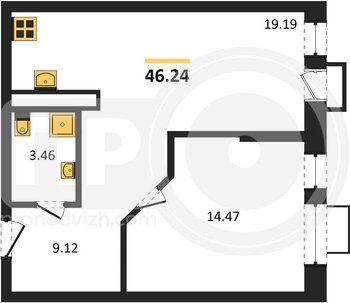 Миниатюра 1-комнатная квартира, 46.24кв.м