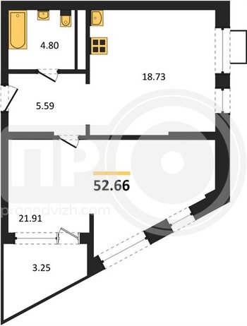 Миниатюра 1-комнатная квартира, 52.66кв.м