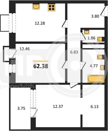 Миниатюра 2-комнатная квартира, 62.38кв.м