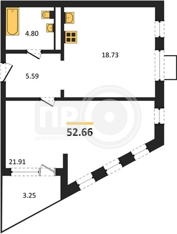 1-комнатная квартира, 52.66кв.м