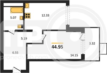 Миниатюра 1-комнатная квартира, 44.95кв.м
