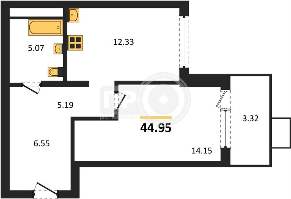 1-комнатная квартира, 44.95кв.м