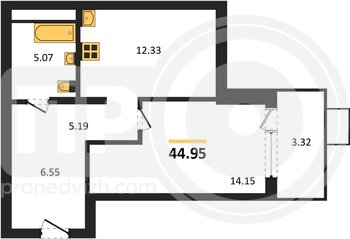 Миниатюра 1-комнатная квартира, 44.95кв.м