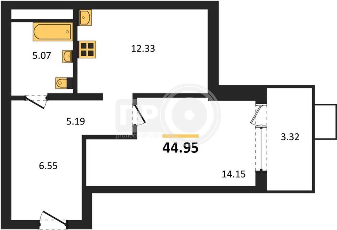 1-комнатная квартира, 44.95кв.м