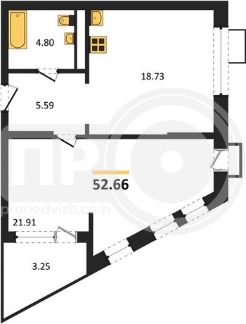 Миниатюра 1-комнатная квартира, 52.66кв.м