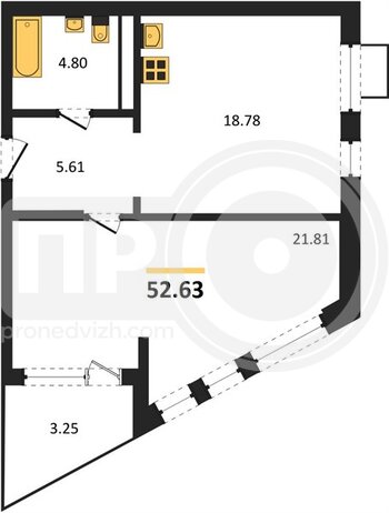 Миниатюра 1-комнатная квартира, 52.63кв.м