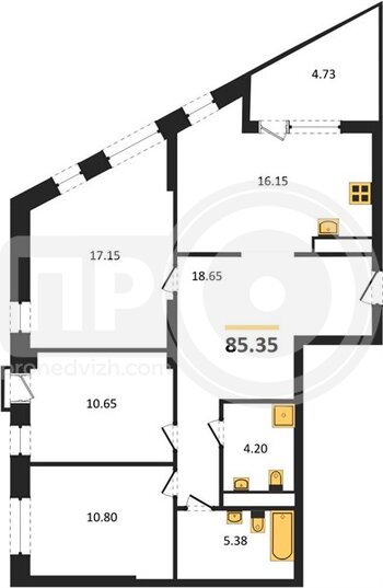 Миниатюра 3-комнатная квартира, 85.35кв.м