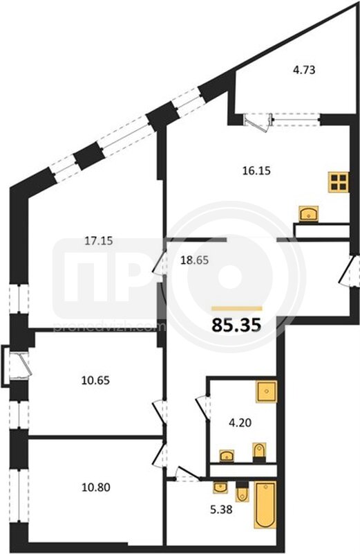 3-комнатная квартира, 85.35кв.м