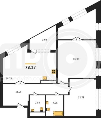 Миниатюра 2-комнатная квартира, 78.17кв.м