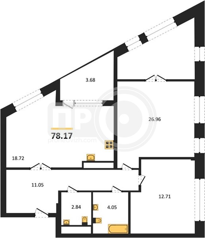 2-комнатная квартира, 78.17кв.м