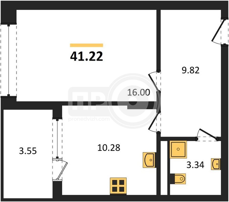 1-комнатная квартира, 41.22кв.м