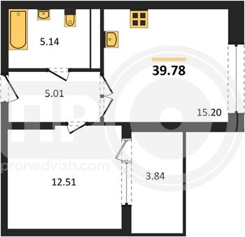Миниатюра 1-комнатная квартира, 39.78кв.м