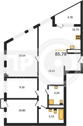 Миниатюра 3-комнатная квартира, 85.78кв.м