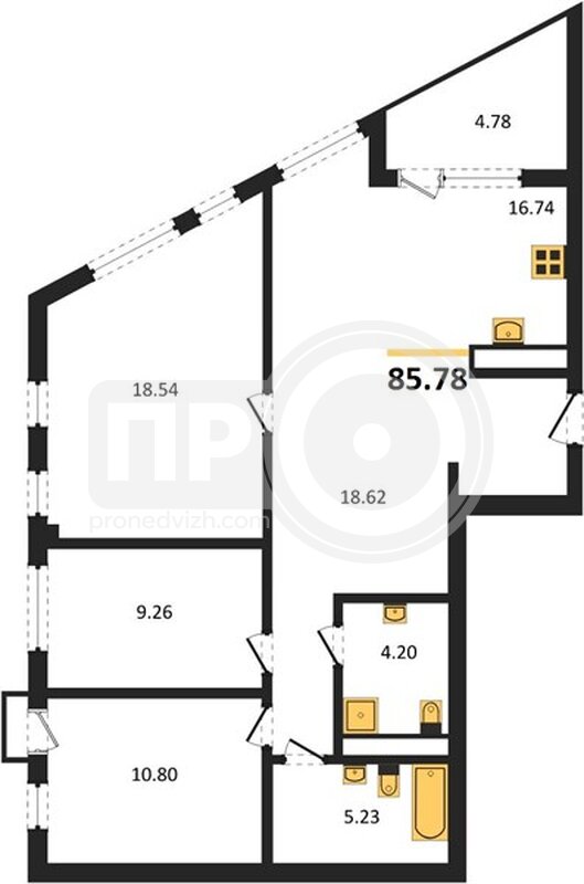 3-комнатная квартира, 85.78кв.м