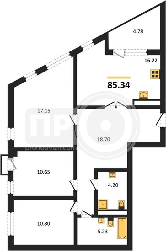 3-комнатная квартира, 85.34кв.м