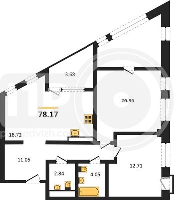 Миниатюра 2-комнатная квартира, 78.17кв.м