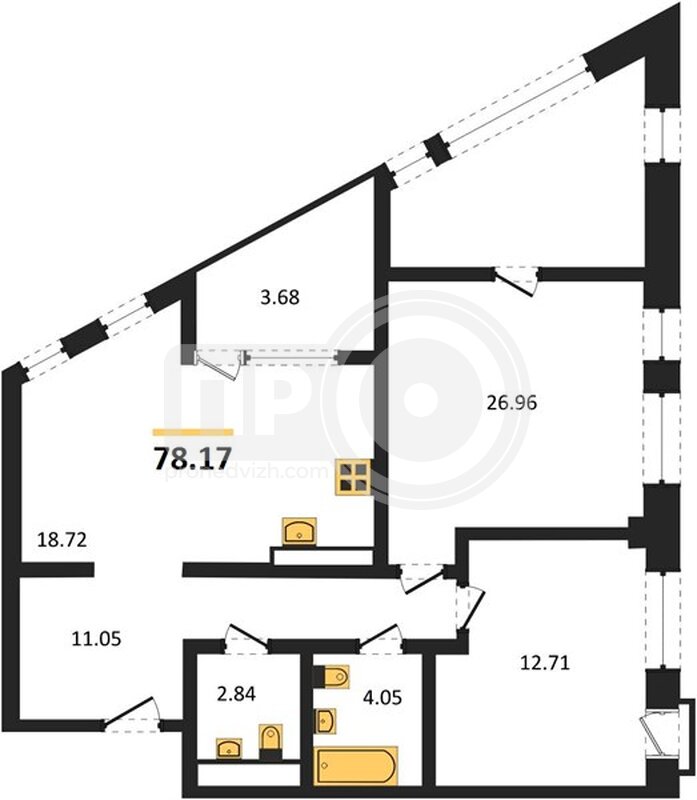 2-комнатная квартира, 78.17кв.м