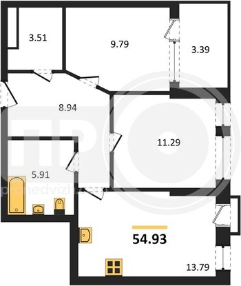Миниатюра 2-комнатная квартира, 54.93кв.м