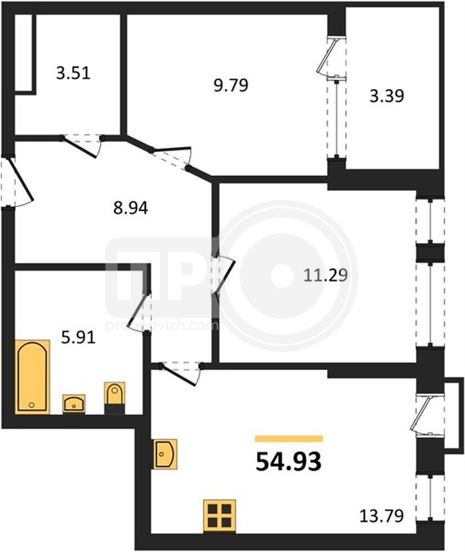 2-комнатная квартира, 54.93кв.м