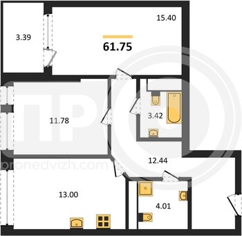 Миниатюра 2-комнатная квартира, 61.75кв.м