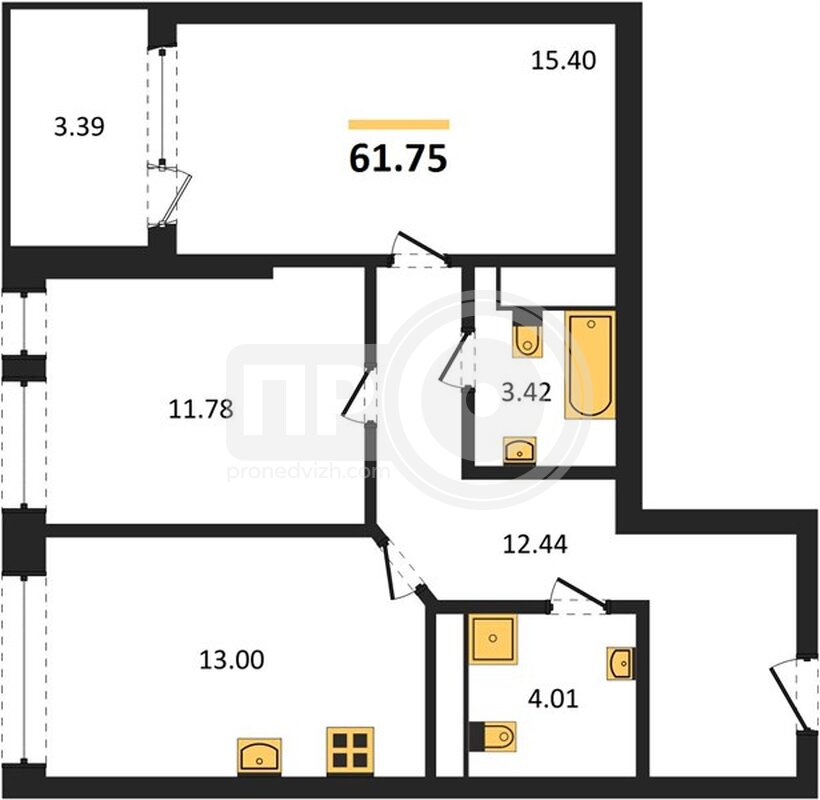 2-комнатная квартира, 61.75кв.м