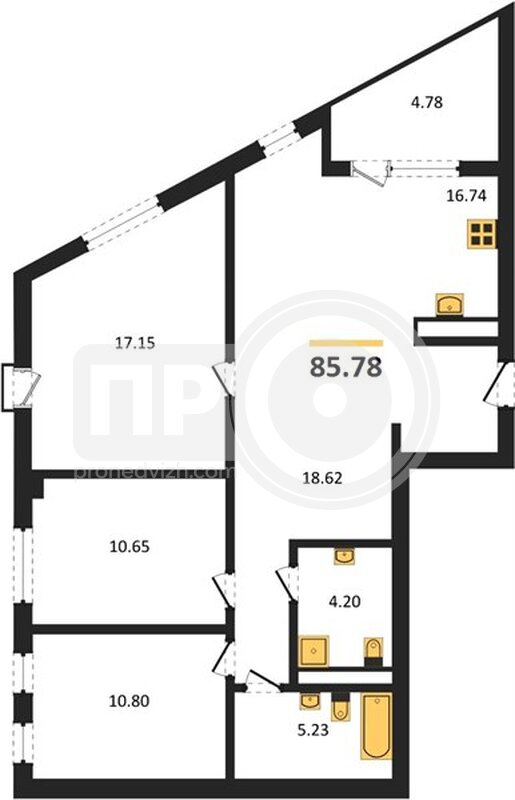 3-комнатная квартира, 85.78кв.м