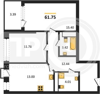 Миниатюра 2-комнатная квартира, 61.75кв.м