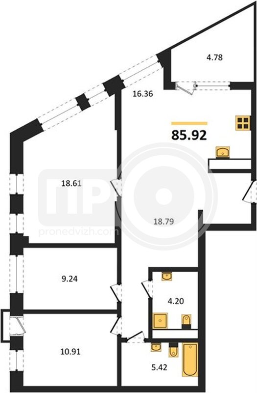 3-комнатная квартира, 85.92кв.м