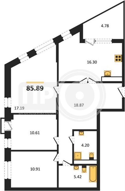 3-комнатная квартира, 85.89кв.м