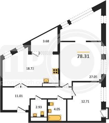 Миниатюра 2-комнатная квартира, 78.31кв.м