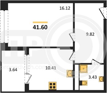 Миниатюра 1-комнатная квартира, 41.6кв.м