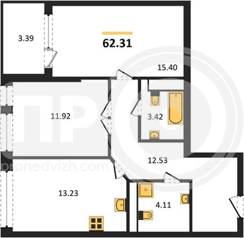 Миниатюра 2-комнатная квартира, 62.31кв.м