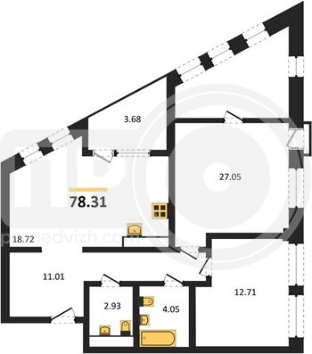 Миниатюра 2-комнатная квартира, 78.31кв.м