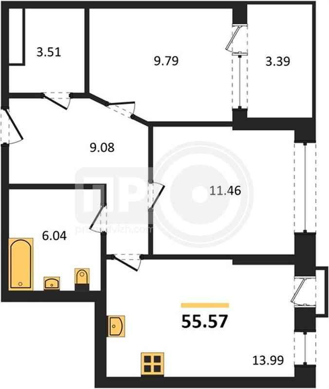 2-комнатная квартира, 55.57кв.м