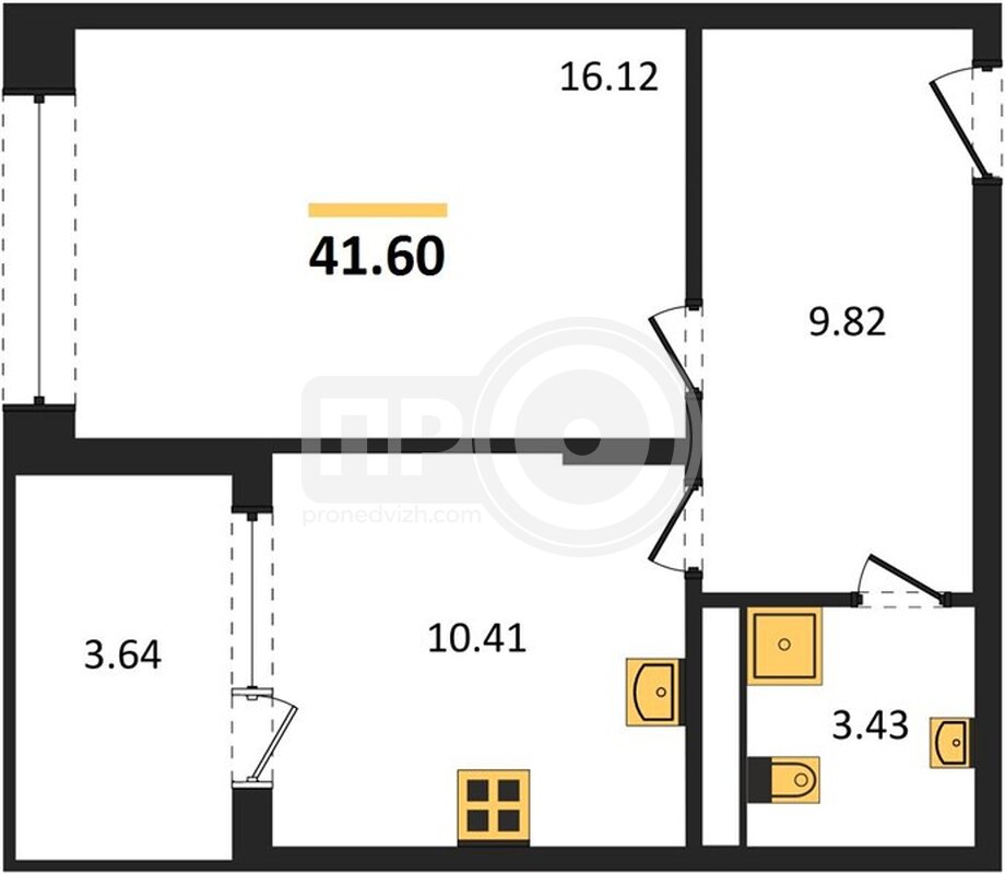 1-комнатная квартира, 41.6кв.м