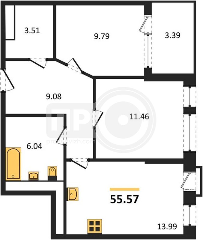 2-комнатная квартира, 55.57кв.м