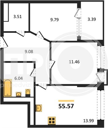 Миниатюра 2-комнатная квартира, 55.57кв.м