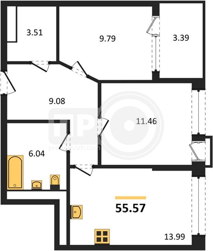 2-комнатная квартира, 55.57кв.м