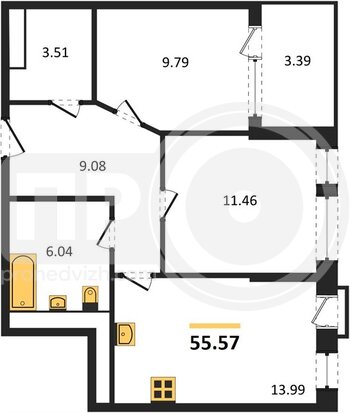 Миниатюра 2-комнатная квартира, 55.57кв.м
