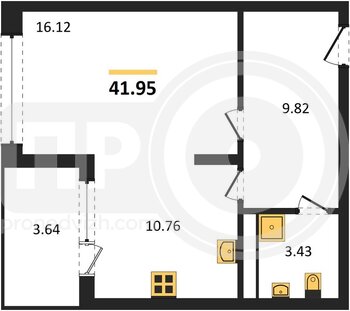 Миниатюра 1-комнатная квартира, 41.95кв.м