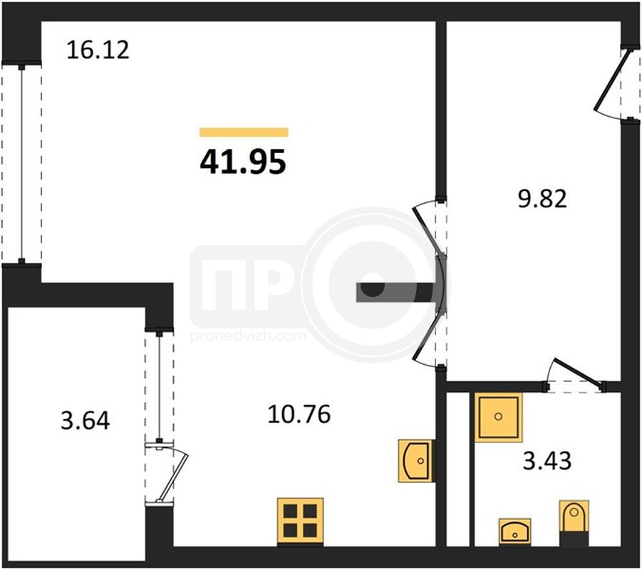 1-комнатная квартира, 41.95кв.м