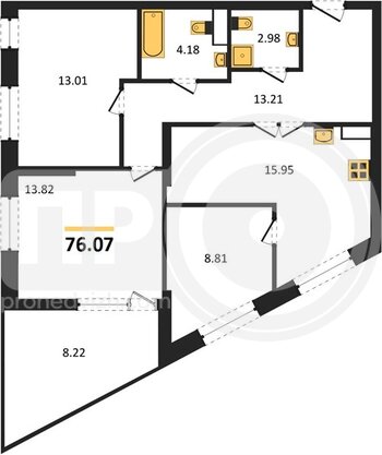 Миниатюра 3-комнатная квартира, 76.07кв.м