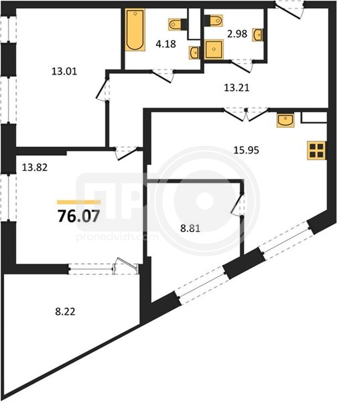 3-комнатная квартира, 76.07кв.м